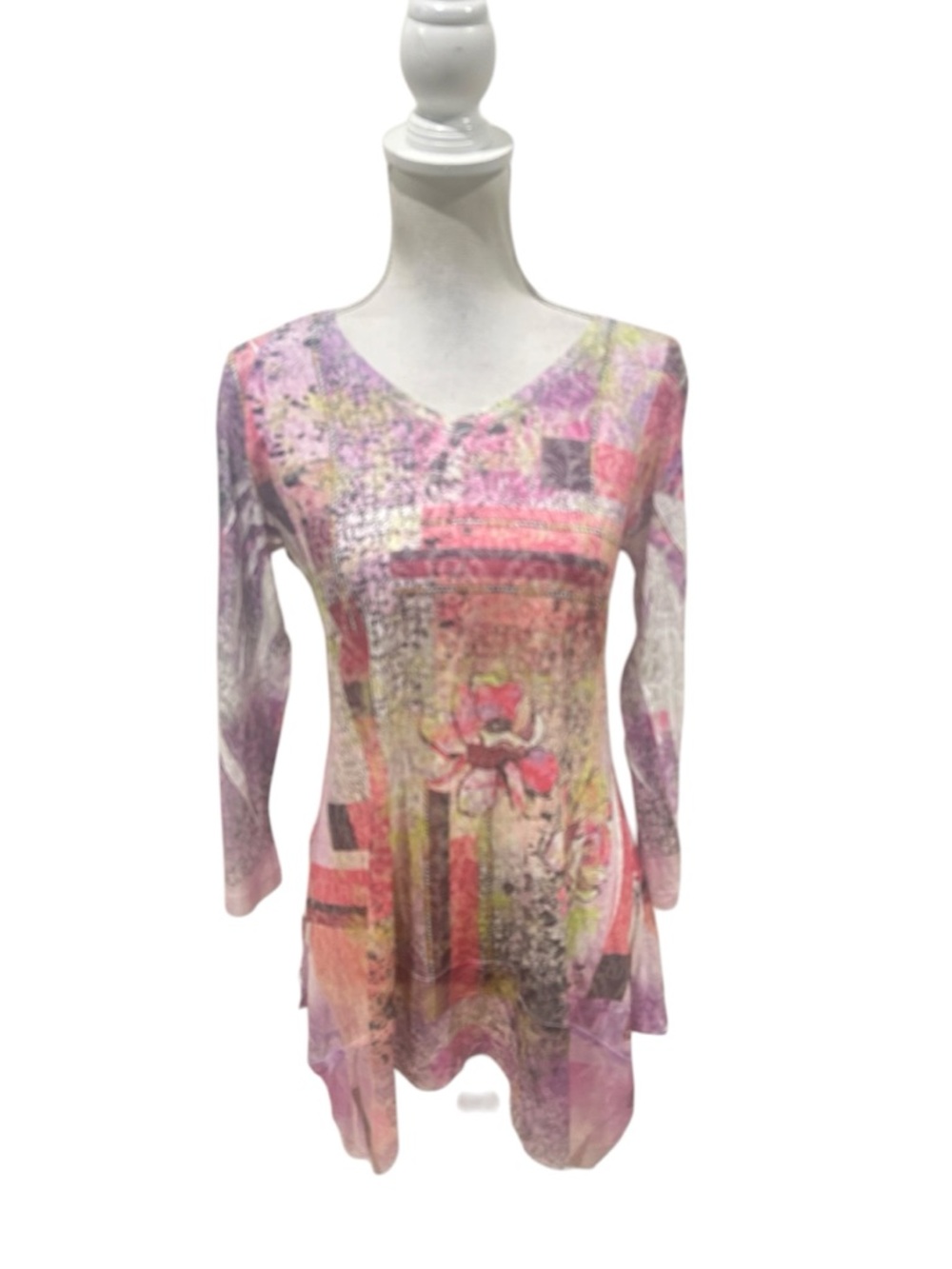 Nwt Karina Marie Pink purple sheer Floral V-Neck Long Sleeve Tunic Top sz small